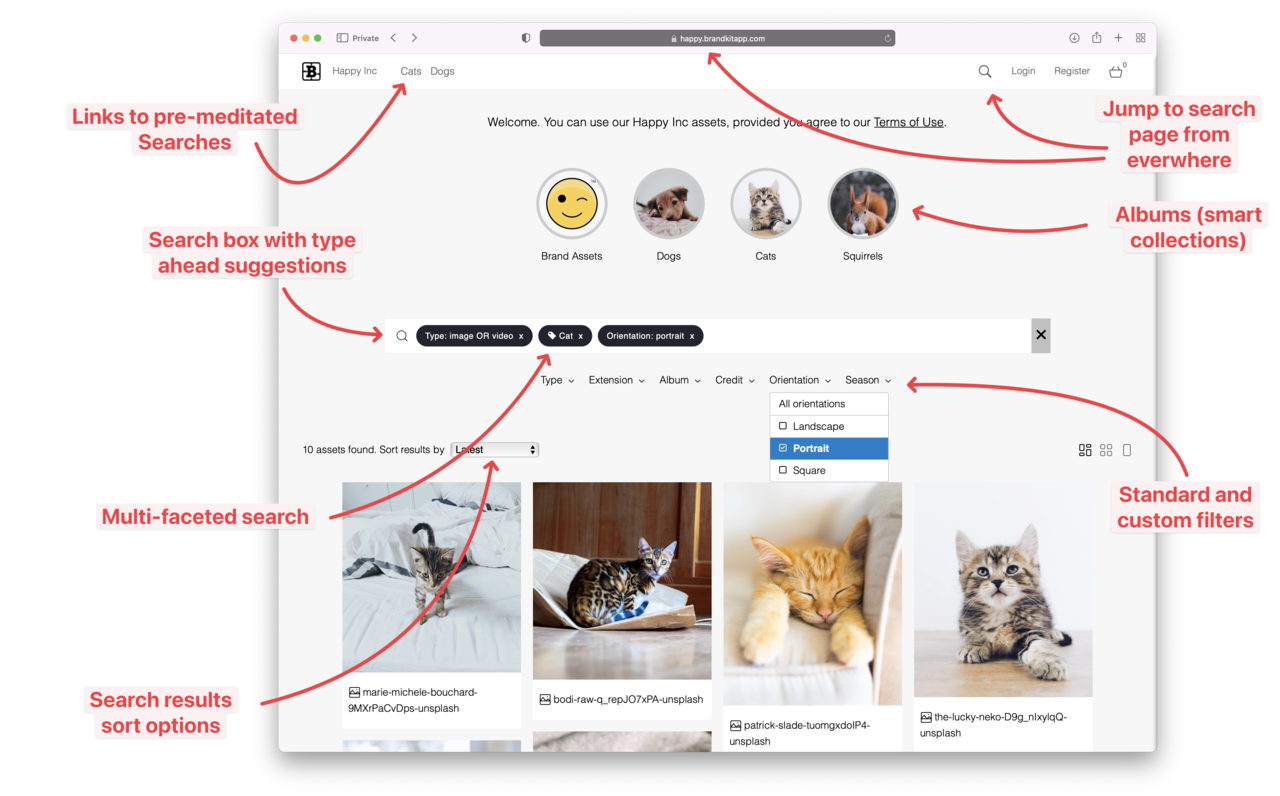 Search page with Multi-faceted search highlight