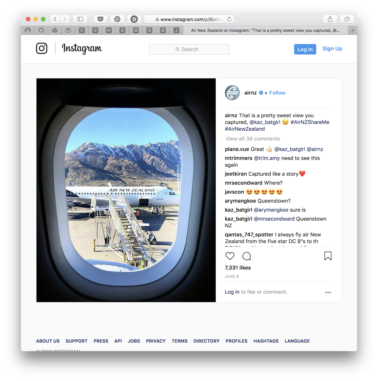 Air NZ Instagram screenshot example Air NZ Instagram screenshot example