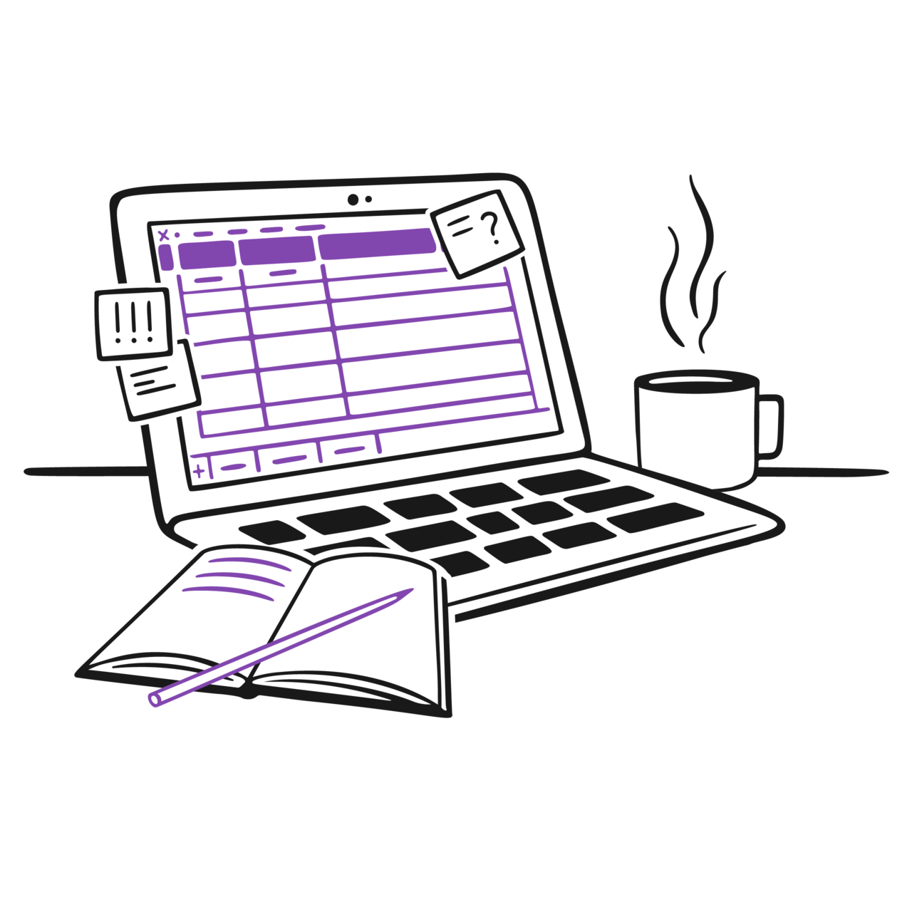 Spreadsheets on laptop graphic purple