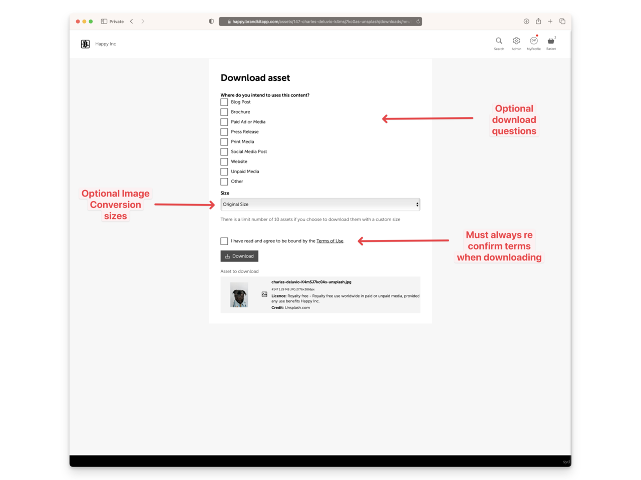 Screenshot of the Brandkit download page with optional Intended Use questionnaire