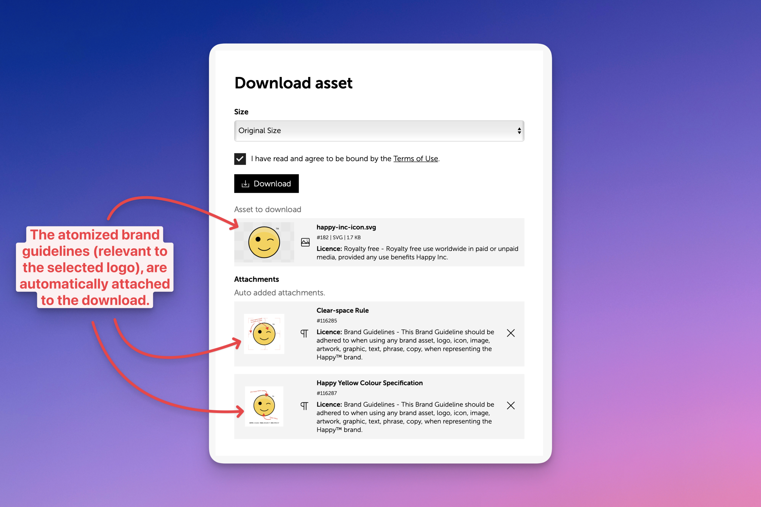 Screenshot of atomized brand guidelines automatically added to a logo download in Brandkit