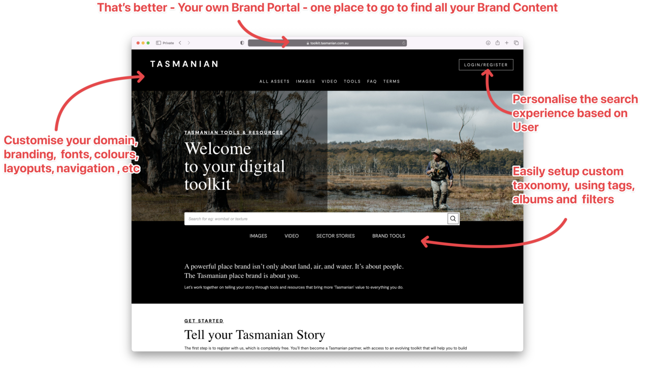 This is what a customised Brandkit Brand Portal can look like - example from Brand Tasmanian