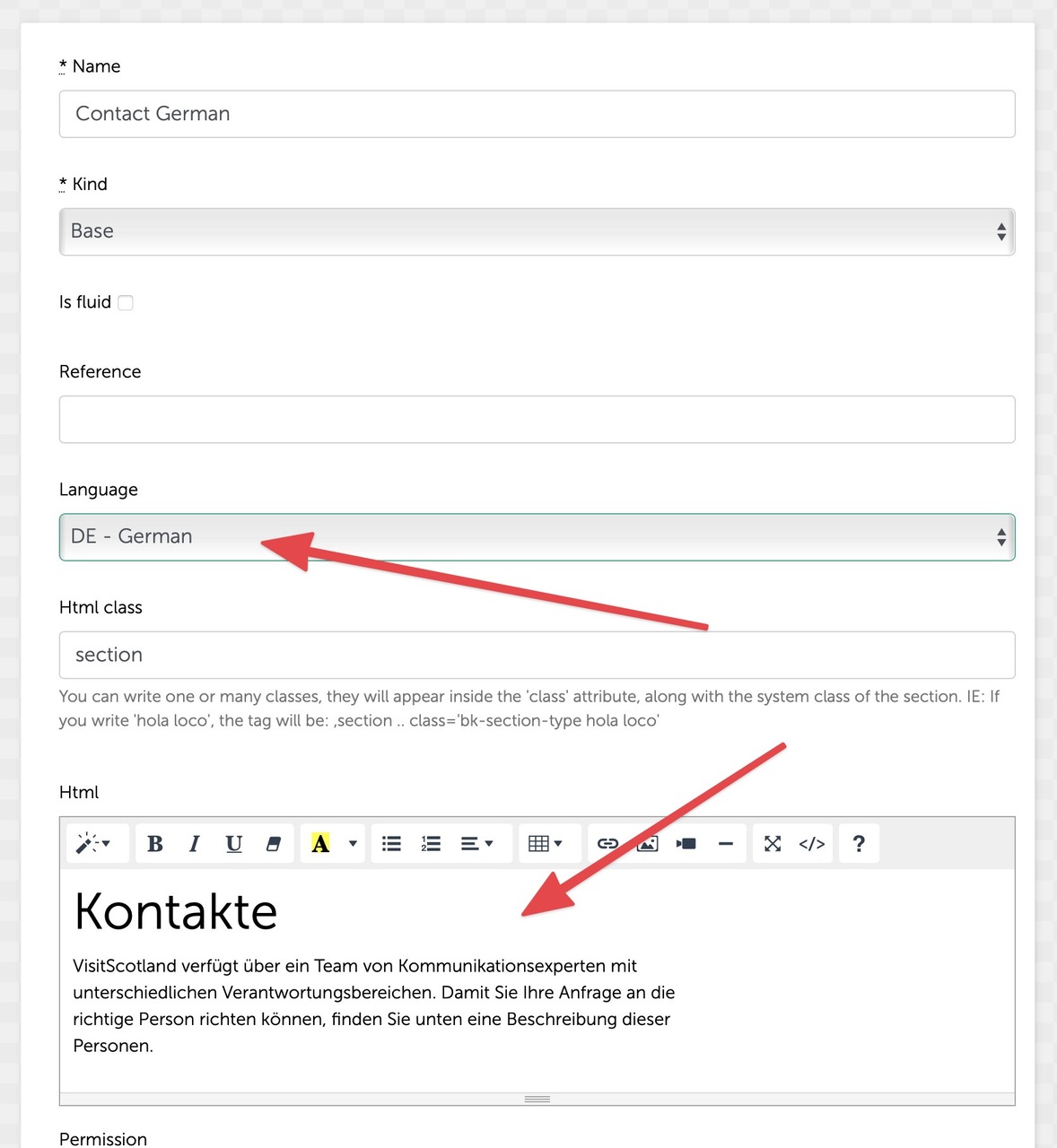 screenshot of page editor