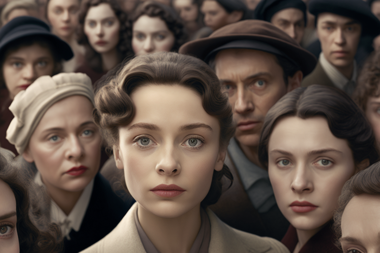 Rendered image if a crowd of French people from the 1940s