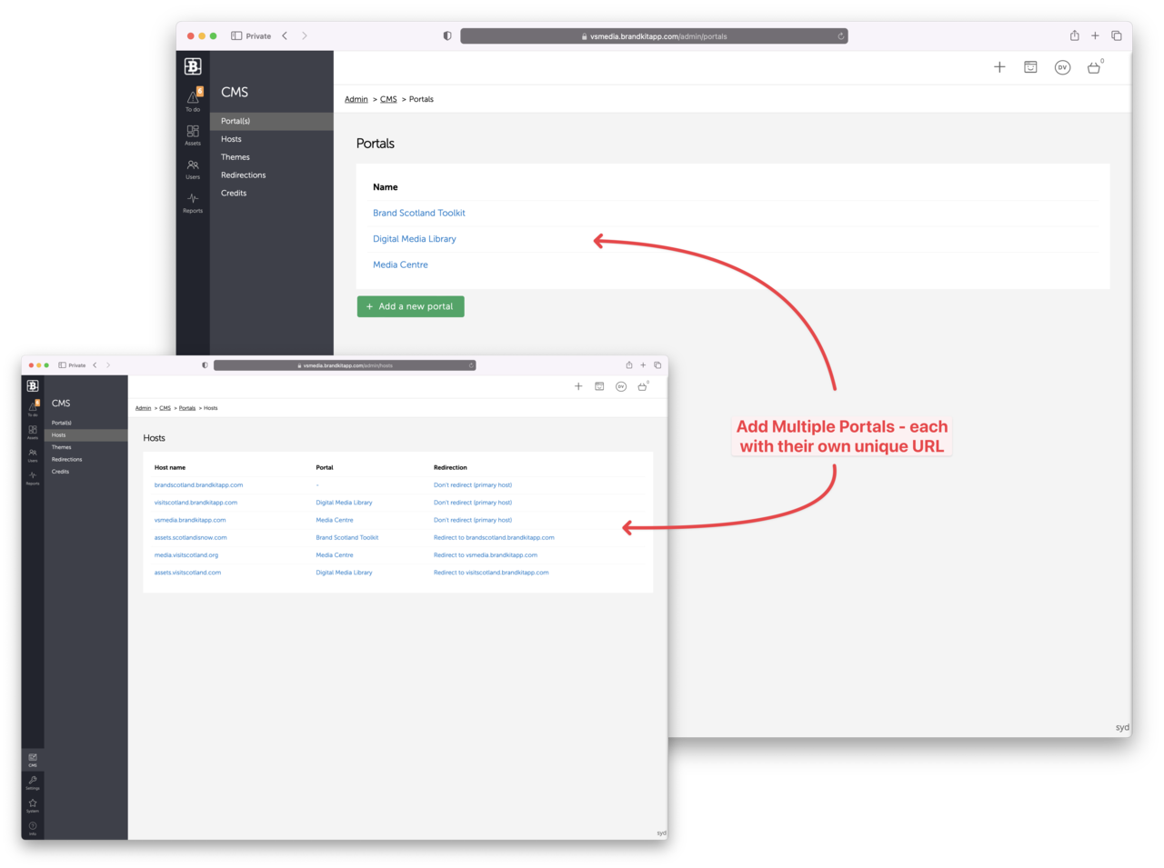 Multiple Portals setup in Admin showing Portals and Hosts pages.