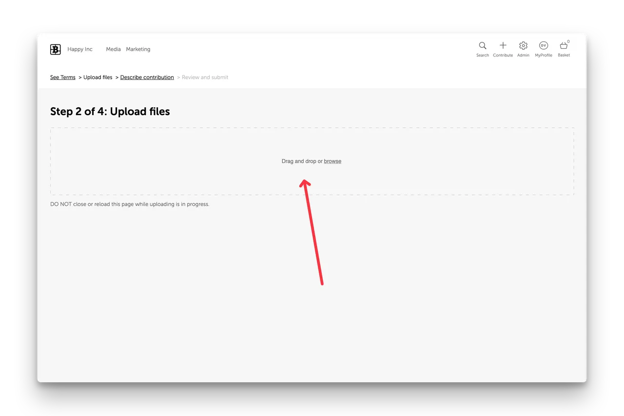 Screenshot of step 2 of the Contribution workflow - Upload files