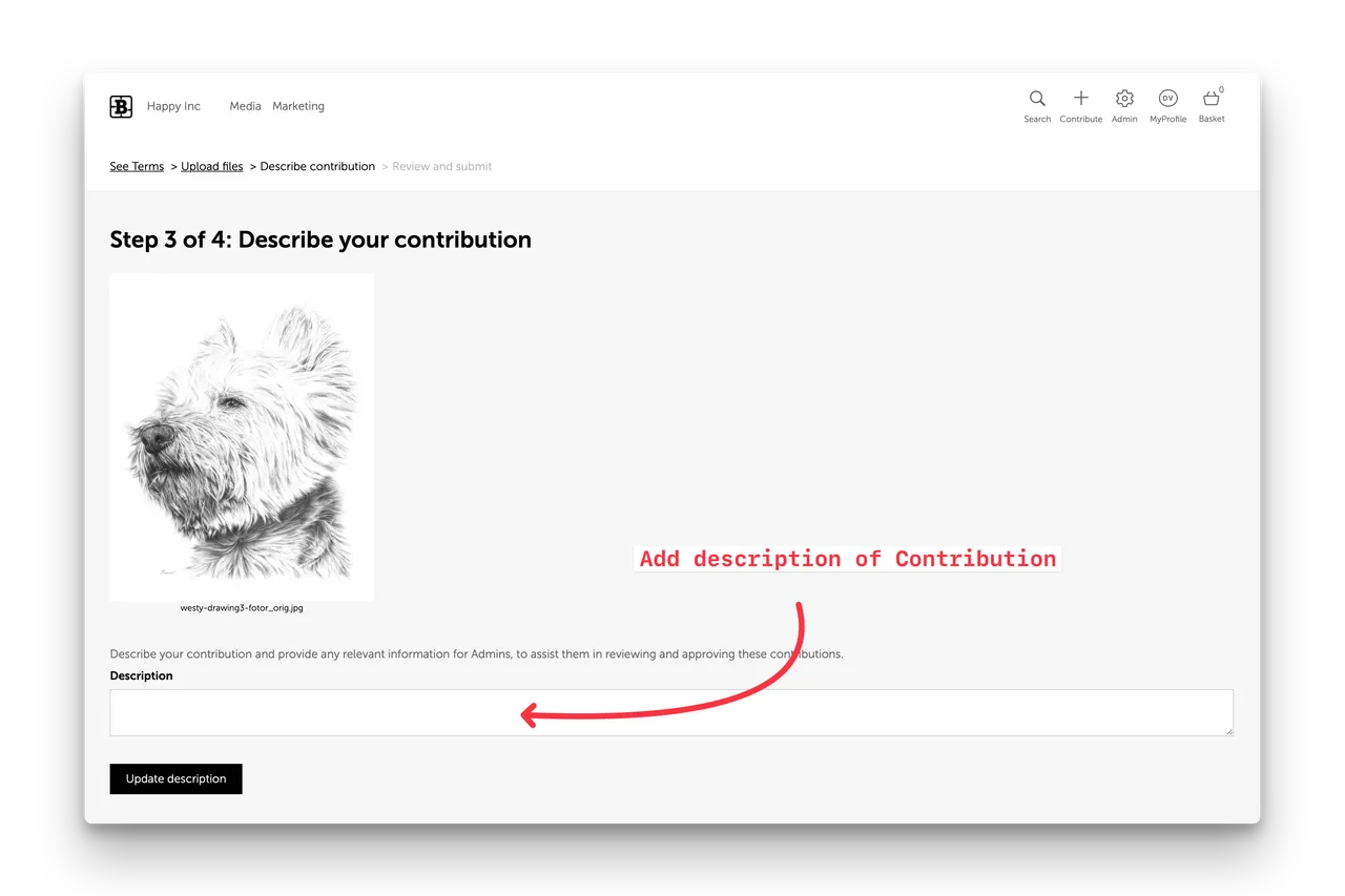 Screenshot of step 3 of the Contribution workflow - Describe contributions