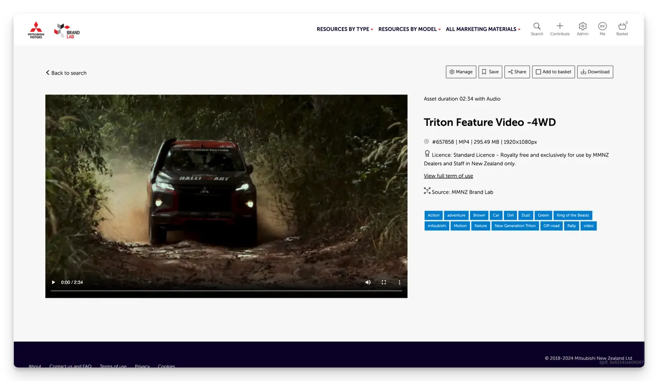 Screenshot from the Mitsubishi Motors NZ Brand Lab digital asset page - showing a video asset